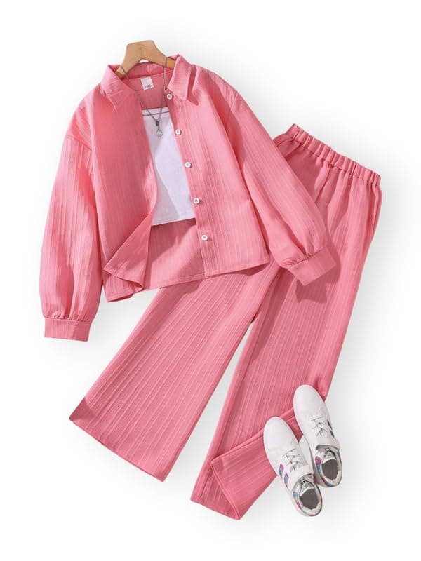 Niren Enterprise Girls' 2-Piece Co-Ord Pink Shirt & Pants, Soft Fabric, Casual Wear, Relaxed Fit for Kids Set