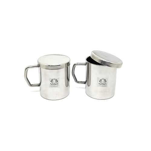 NYRA Stainless Steel Double Walled Insulated Cup 300 ML Coffee and Tea Mug with Lid and Handle Hotel Home Restaurant Multipurpose Mug Set of 2 Pcs