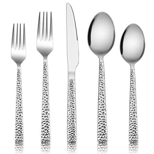 Efar 20Piece Hammered Silverware Set Stainless Steel Square Flatware Set Service for 4 Tableware Cutlery Set Includes Forks Spoons Knives Modern Design Mirror Finish Dishwasher Safe