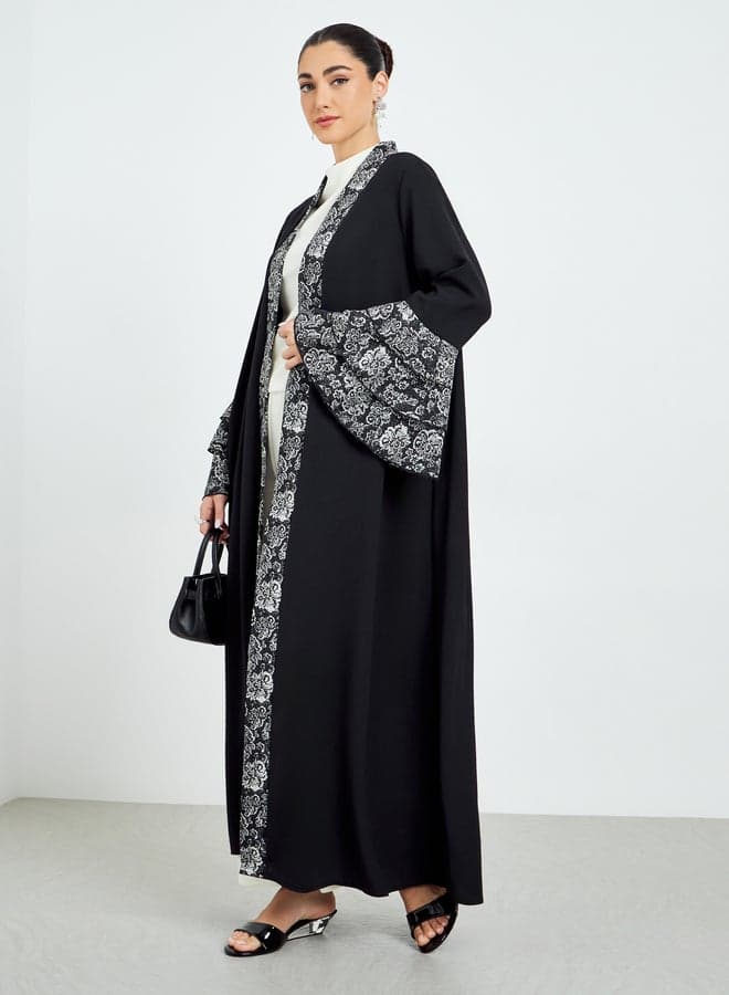 Black Printed Trim Open Front Abaya