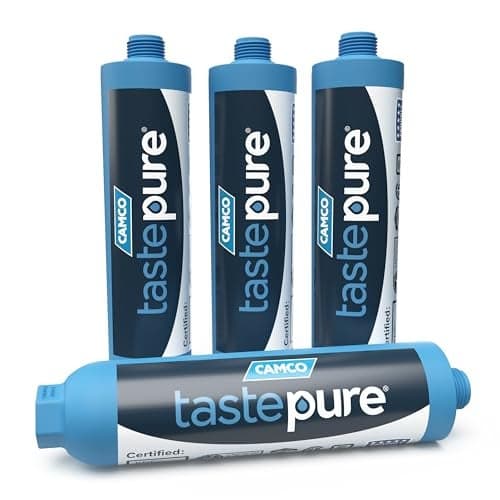 Camco Tastepure Camper/RV Water Filter - Inline Water Filter Reduces Bad Taste, Odor, Chlorine & Sediment - Ideal for RVs, Campers, Travel Trailers, Boats - Made in the USA - 4-Pack (40042)