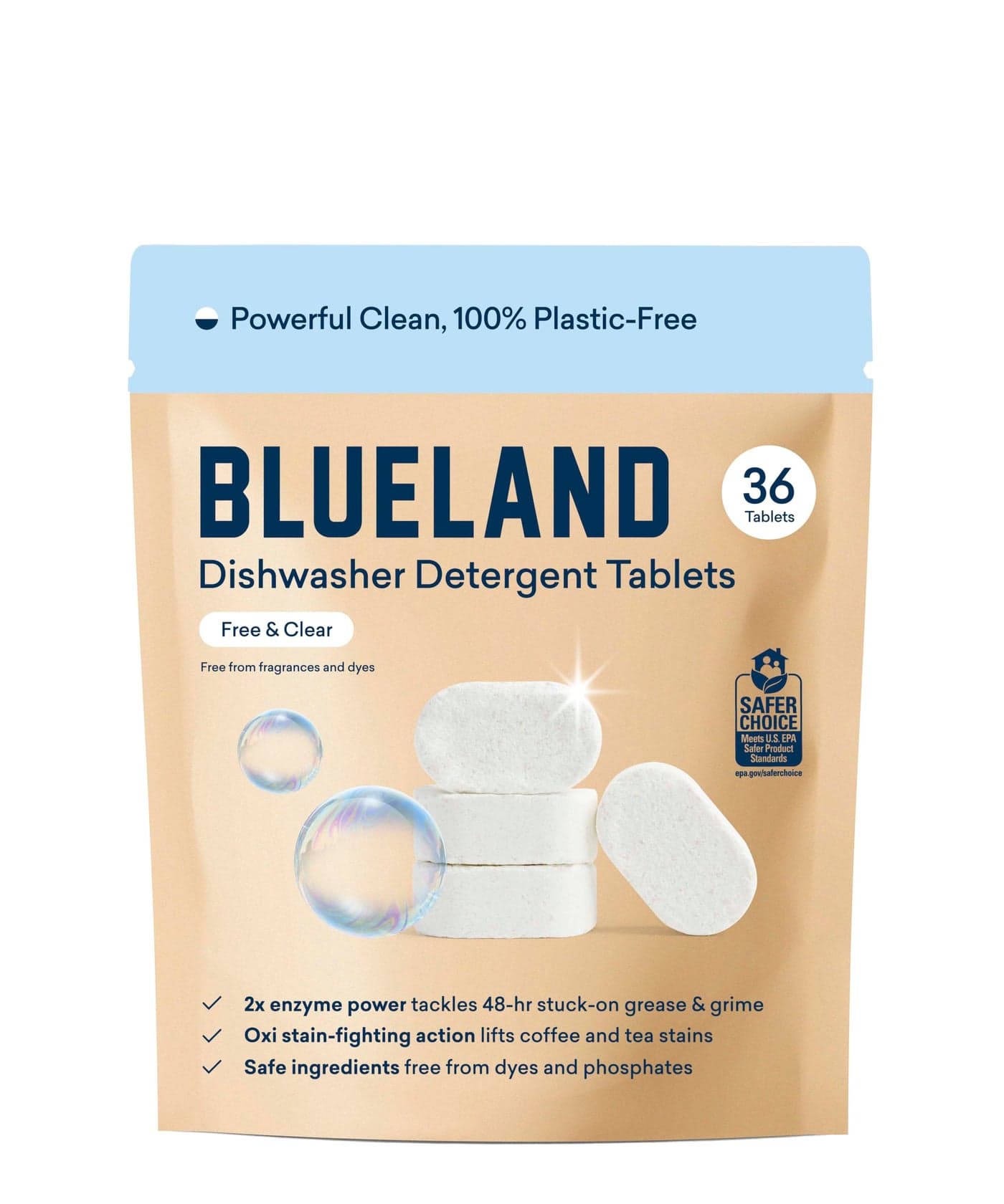 BLUELAND 100% Plastic-Free Dishwasher Detergent Tablets, 36 Count, Free & Clear, Eco-Friendly Dishwashing Pods, Natural, USDA Certified biobased