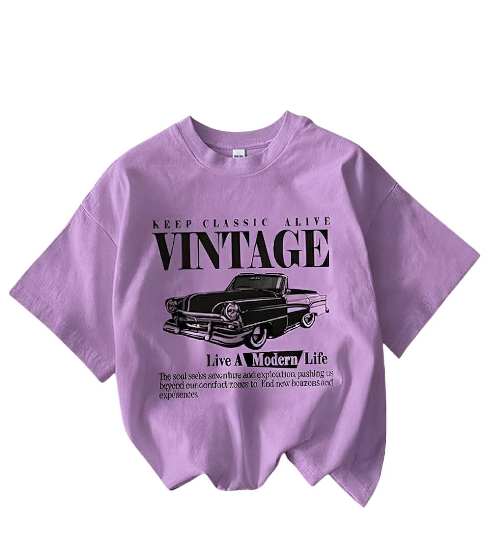 Jawdrobe Cotton Blend Oversized Fit Half Sleeve Printed Round Neck T-Shirt for Women | Aesthetic Summer Wear (Tshirt-Vintage-Purple-l)