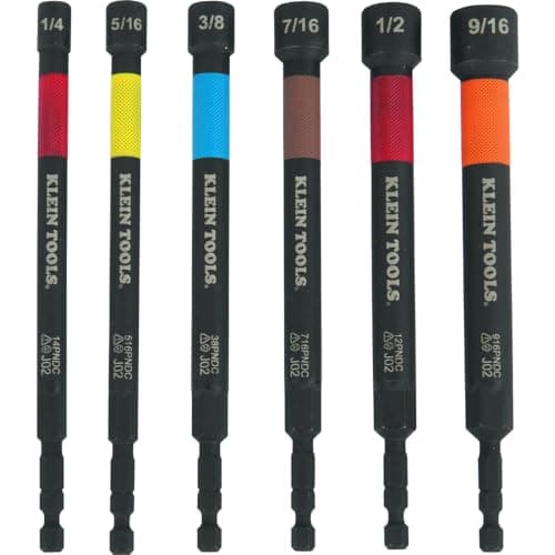 Klein Tools 32930 SAE Magnetic Impact Nut Setter Set 6Piece Color Coded Power Nut Driver with Extended Reach 6 SAE Sizes