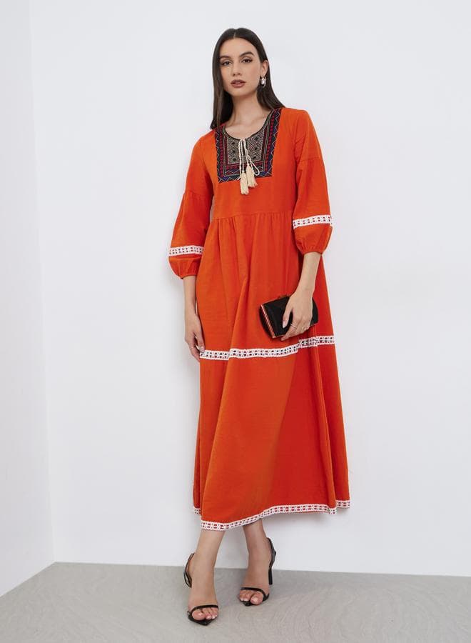 Take Two Orange Graphic Fringed Detail Elastic Cuffs Jalabiya