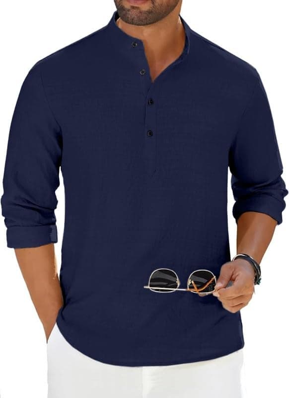 Zartha Men's Luster Cotton Solid Casual Short Kurta for Men | Long Sleeve Mandarin Collar Stylish Kurta for Men Navy Blue