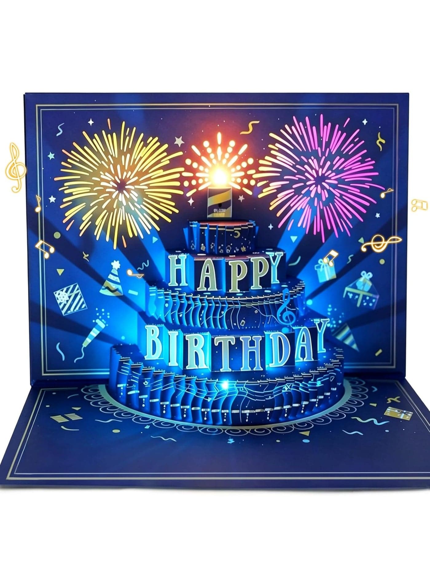 Musical Birthday Cards With Light, 3D Pop Up Firework Birthday Cards, Musical & LED Lights Birthday Cards with Blowable Birthday Cake, Greeting Cards, Birthday Gifts for Mom Child Dad Father Wife