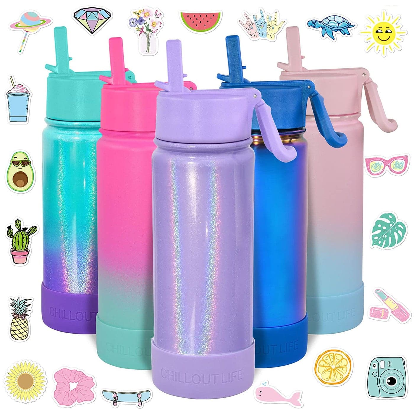 CHILLOUT LIFE 17 oz Kids Insulated Water Bottle with Straw Lid Leakproof and Cute Waterproof Stickers, Personalized Stainless Steel Thermos Flask Metal Water Bottle, Purple Sparkle