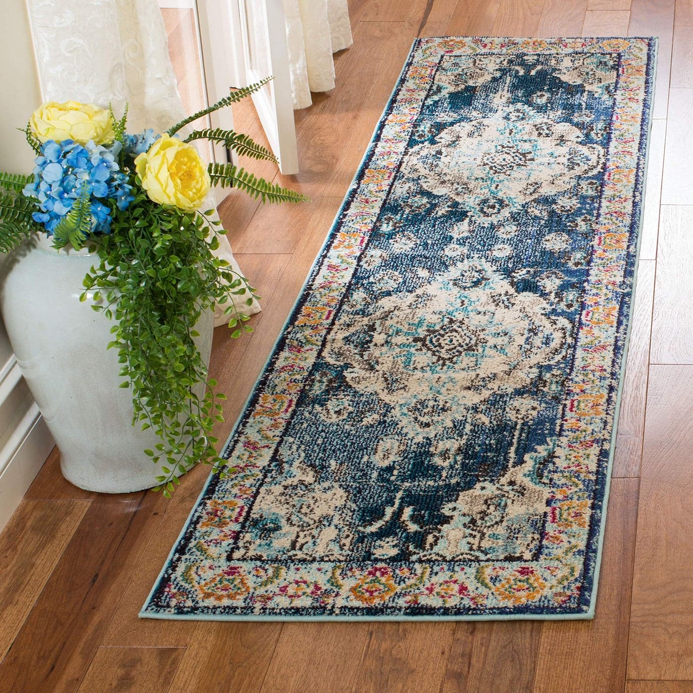 SAFAVIEH Monaco Collection Runner Rug 22 x 6 Navy Light Blue Boho Chic Medallion Distressed Design NonShedding Easy Care Ideal for High Traffic Areas in Living Room Bedroom MNC243N