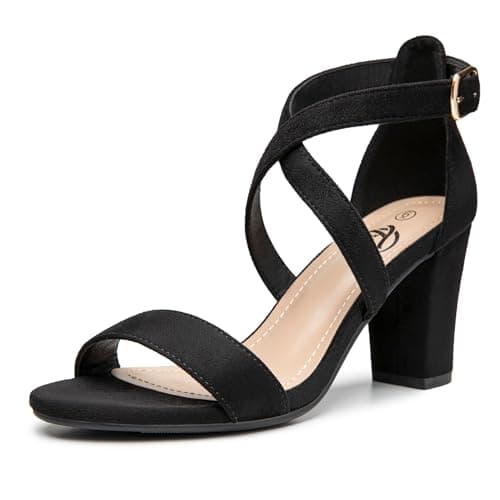 Trary Women's Ankle Strap and Adjustable Buckle Chunky Pump Heel Sandals, Black Suede, 5 UK