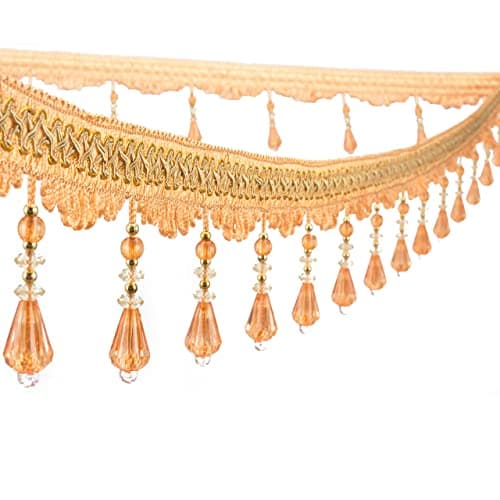 Yalulu 4 Yards Light Gold Beaded Fringe Trim Handmade Hanging Crystal Beaded Tassel Fringe Trim for Curtain Tablecloth Home Decoration