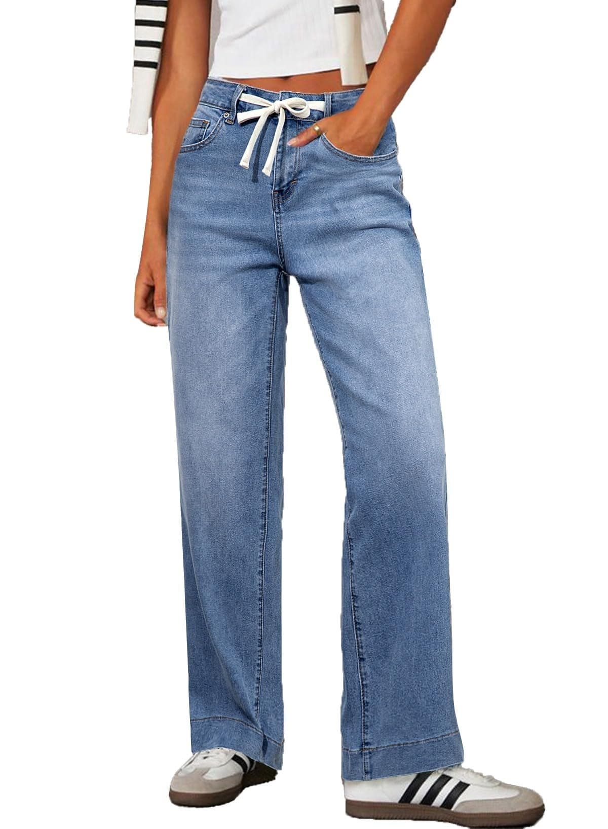Sidefeel Women's Wide Leg Jeans High Waisted Stretchy Straight Baggy Drawstring Denim Pants Light Blue Size 10