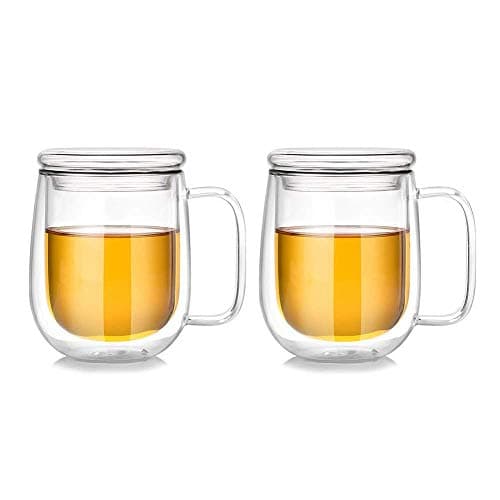 Baskety Glass Coffee & Tea Cup Mug with Lid, Double Wall Borosilicate Latte Espresso Mug, Insulated Handle, Dishwasher Safe, 250ml (Pack of 2)