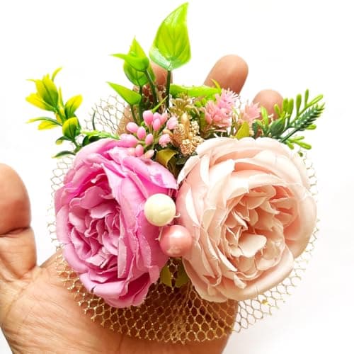 ADIKALA™ Handmade Artificial Cabbage Roses Grass Filler Bunch for Trousseau Packing, Ready to use Flower Brooch Hamper for Decoration, Gift Wrapping Flowers (3, Pink)