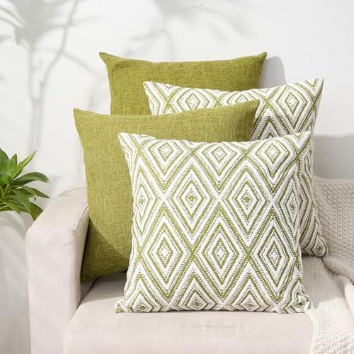 HPUK Decorative Throw Pillow Covers Set of 4 Geometric Design Linen Cushion Cover for Couch Sofa Living Room, 18"x18" inches, Green