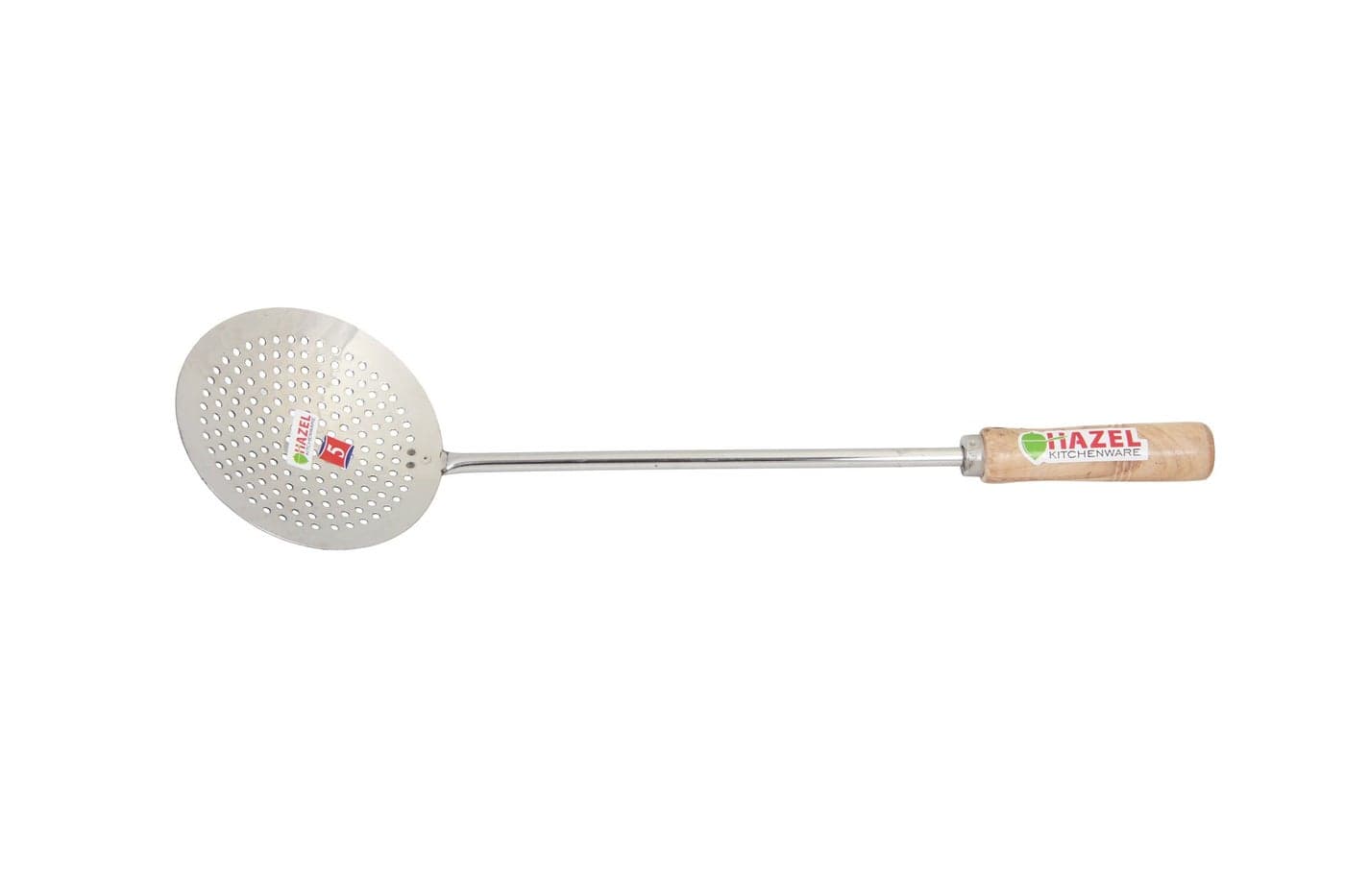 HAZEL Steel Frying Jhara with Wooden Handle (46 cm), Silver