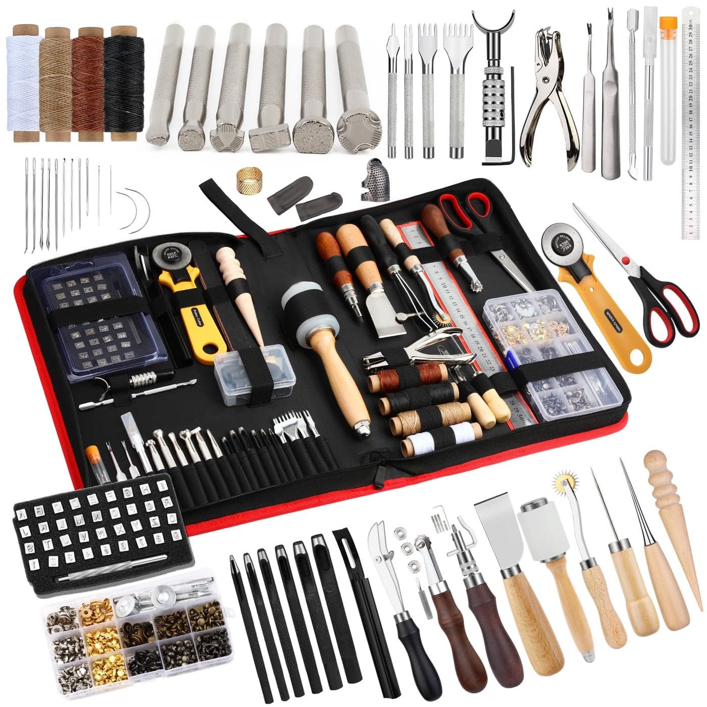 SUVSOON Leather Working Kit Professional Leather Crafting Tools and Supplies Leather Tooling Kit with Storage Bag Punching Stamping Carving Rivet and Snap Leather Working Tools for DIY Craft