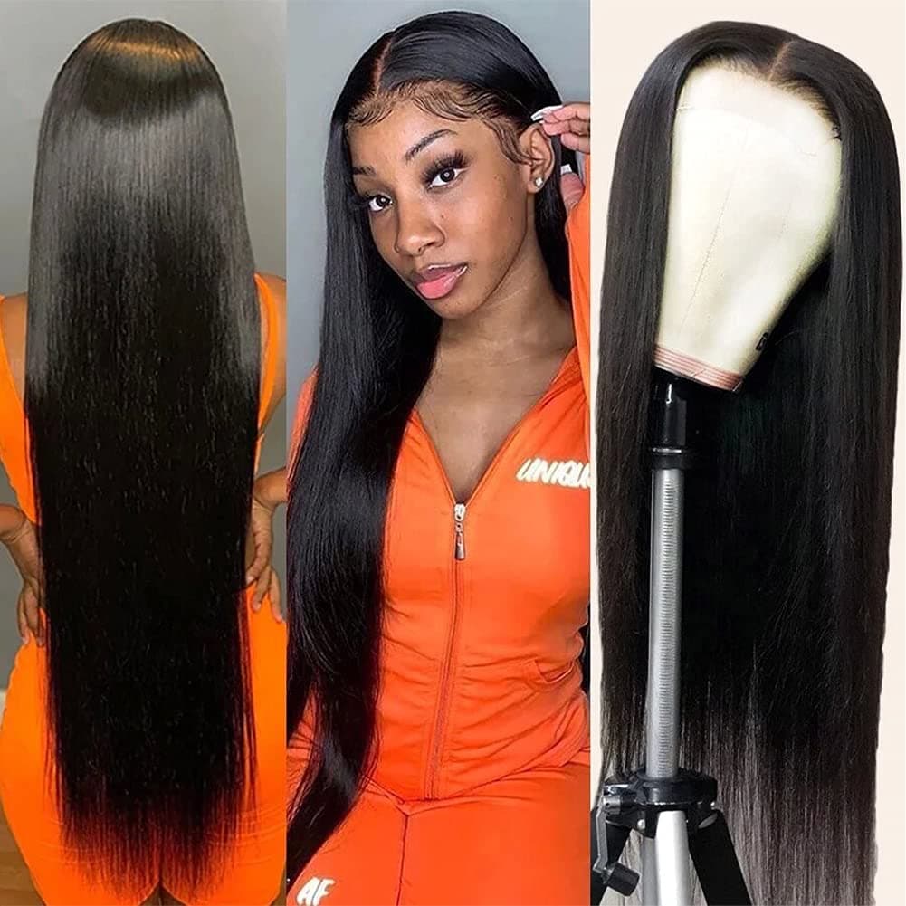 Subella 13x5 HD Straight Lace Frontal Wig Pre Plucked Hairline with Baby Hair Glueless 180 Density Transparent Lace Front Human Hair Wigs for Black Women Natural Black Color 28inch