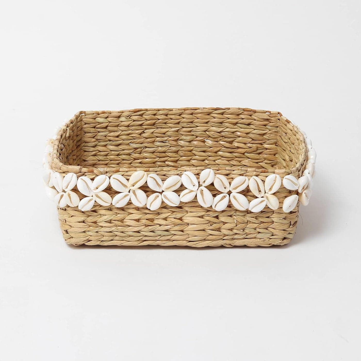 Habere IndiaAll the Cultures Fabricating India Wicker Basket Jute Tray Wardrobe Basket Jute Baskets with Shells Bathroom Organizer Basket Organizing Basket Seagrass X Shells