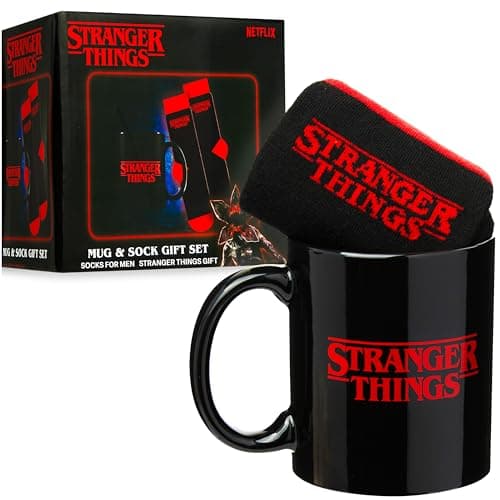 Get Trend Stranger Things 11oz Mug and Socks Set, Novelty Gifts for Men, Women, Teens, Crew Socks with Ceramic Coffee Mug Microwave Safe (Red/Black Stranger Things)