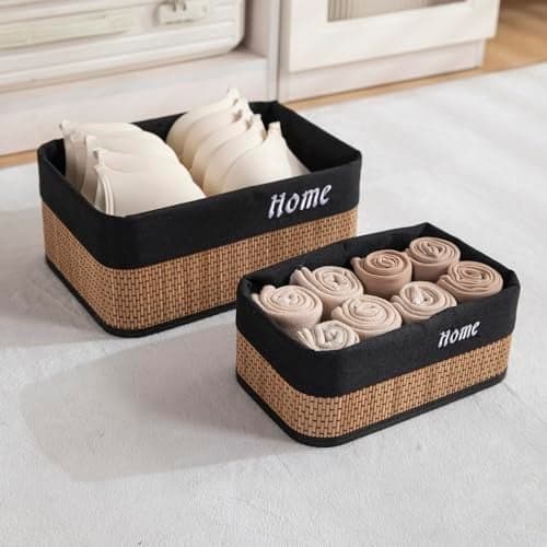 HOKIPO Set of 2 Bamboo Storage Baskets – Clothes Organizer for Wardrobe & Closet Shelves| Large 33x24x14 cm, Medium 26x16x10 cm (AR-6157)