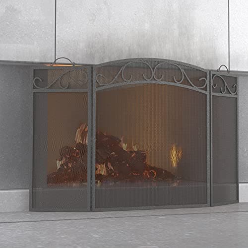 Fire Beauty Fireplace Screen 3 Panel with Handles Wrought Iron 51L x31H Spark Guard CoverPewter