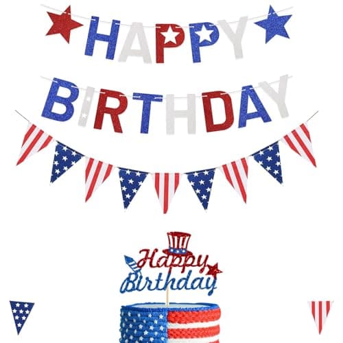 FHGG 4th of July Happy Birthday Decoration Banner American Stars Stripes Flag Bunting Garland USA Triangle Glitter Red White and Blue Star Garland for birthday Cake Toppers Decoration Memorial Day