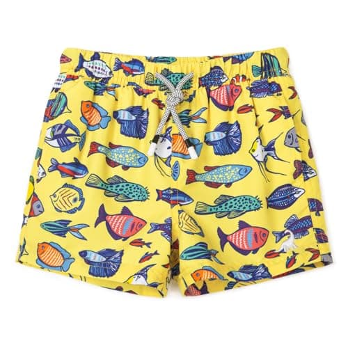SURF CUZ Boys Swim Trunks Toddler Swim Shorts UPF 50+ Bathing Suit for Boy Swimsuit Mesh Swimwear Quick Dry Beach Board Shorts Yellow Fish School 2T