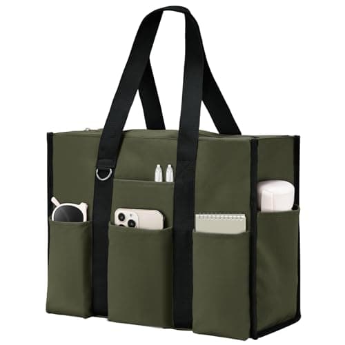 Becokan Large Tote Bag for Women Waterproof with 12 Pockets Top Zipper Closure Utility Teacher Nurse Bags for Work School