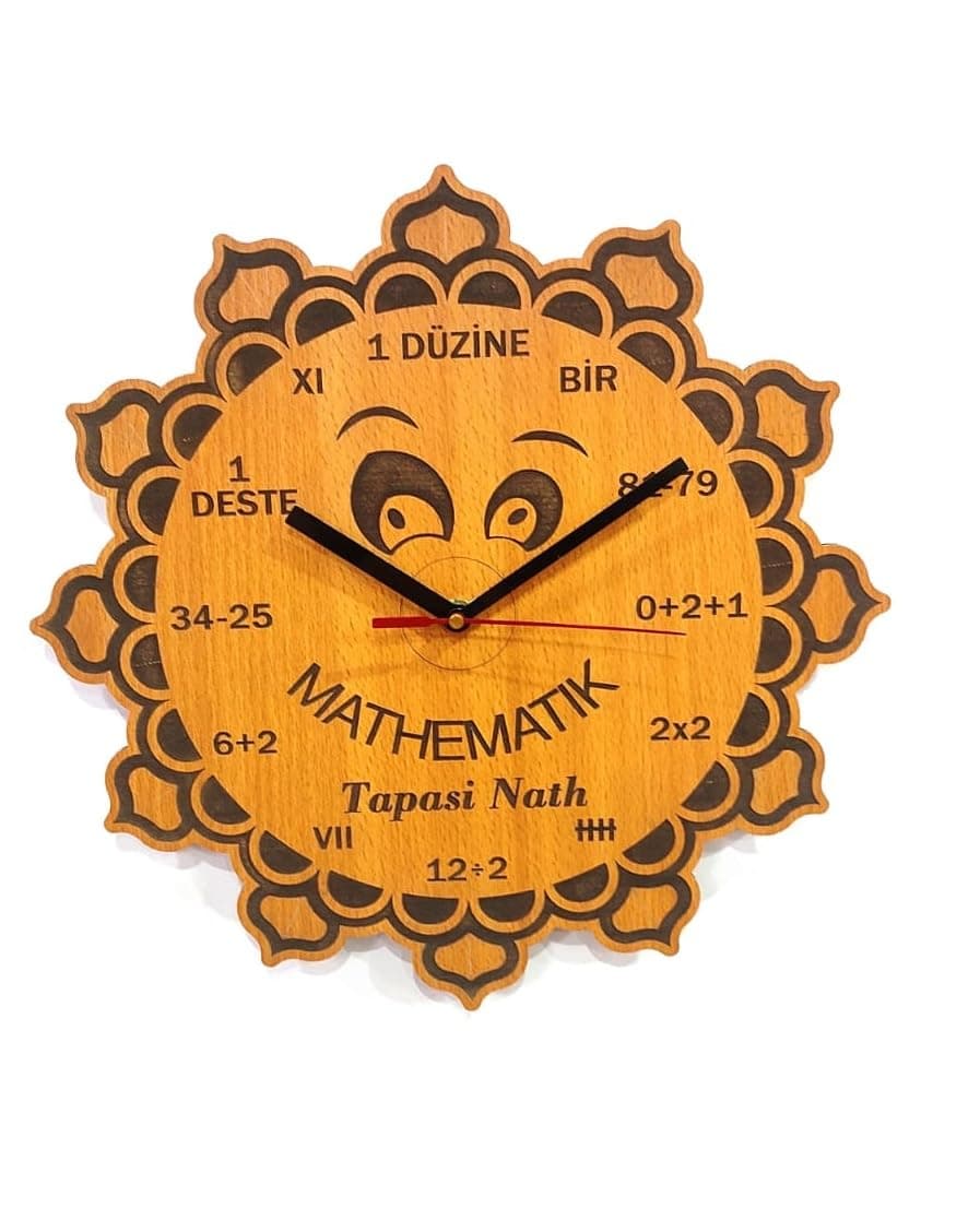 MeeCraft Rustic Wooden Mathematical Sun Face Wall Clock for Teachers, Students and Maths Lovers, Brown, 29x29cm, Personalized Gifts.