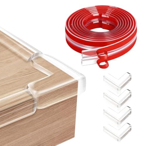 SNOWIE SOFT Child Safety Edge Protector Strip 16.4Ft Customized Self- Adhesive PVC Edge Protector Tape with 4 Transparent Triangle Corner Guards Cuttable Adhesive Edge Protector Strip