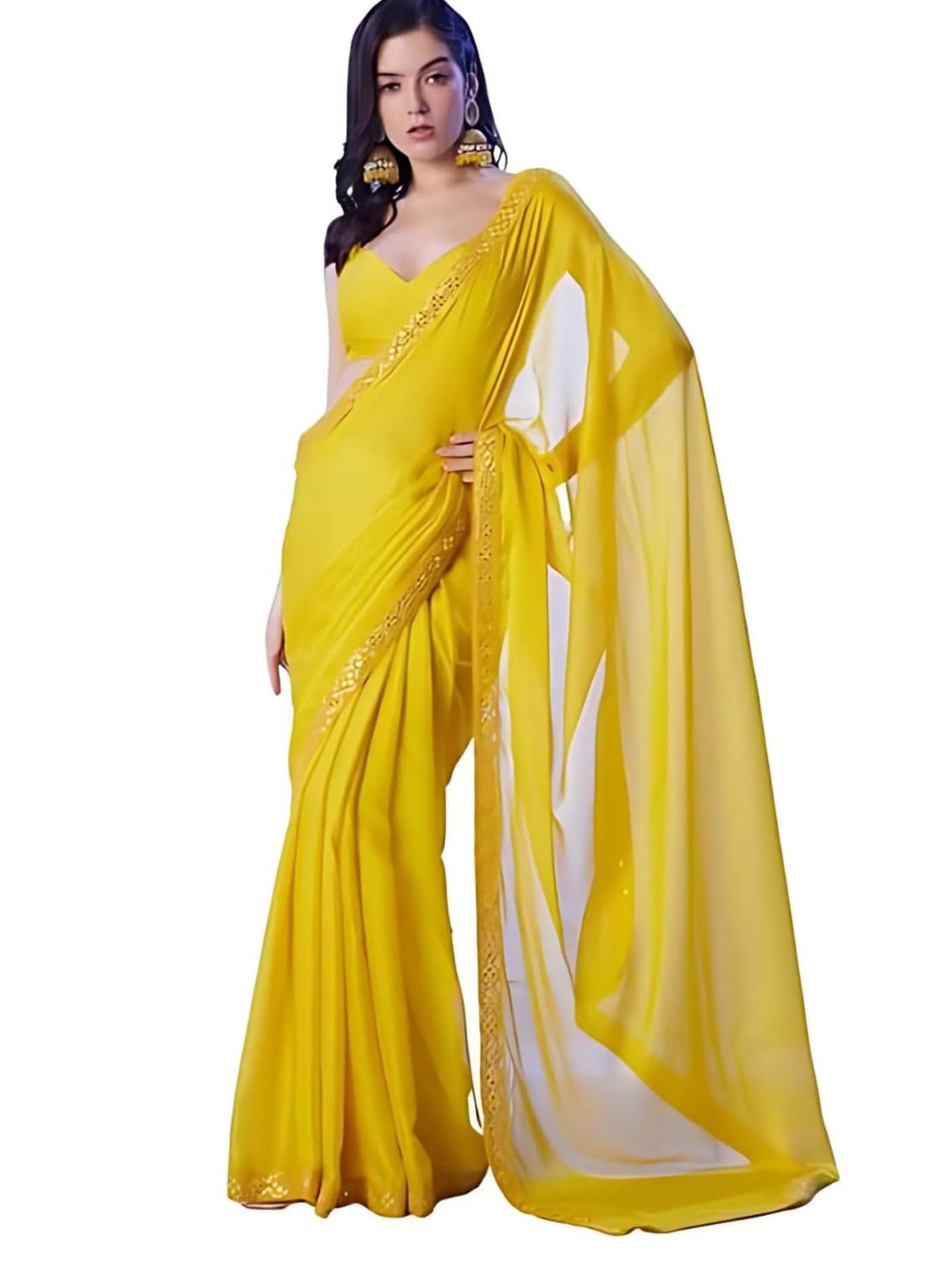 ORHANS Yellow Chiffon Saree With Mirrorwork Embellishments And Matching Chiffon Blouse With Mirrorwork Border
