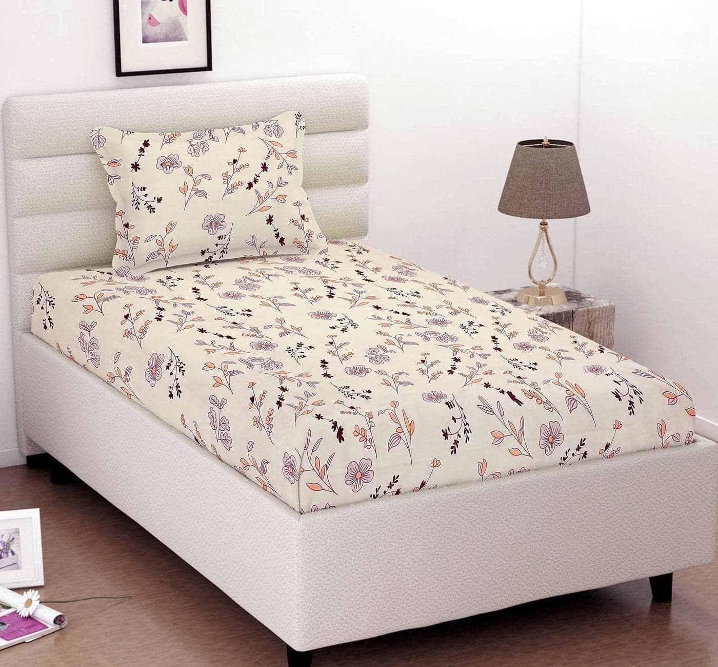 VAS COLLECTIONS Premium 3D Printed 160 TC Microfiber Single Bedsheet with 1 Pillow Covers (220X152 cm) Off White & Purple