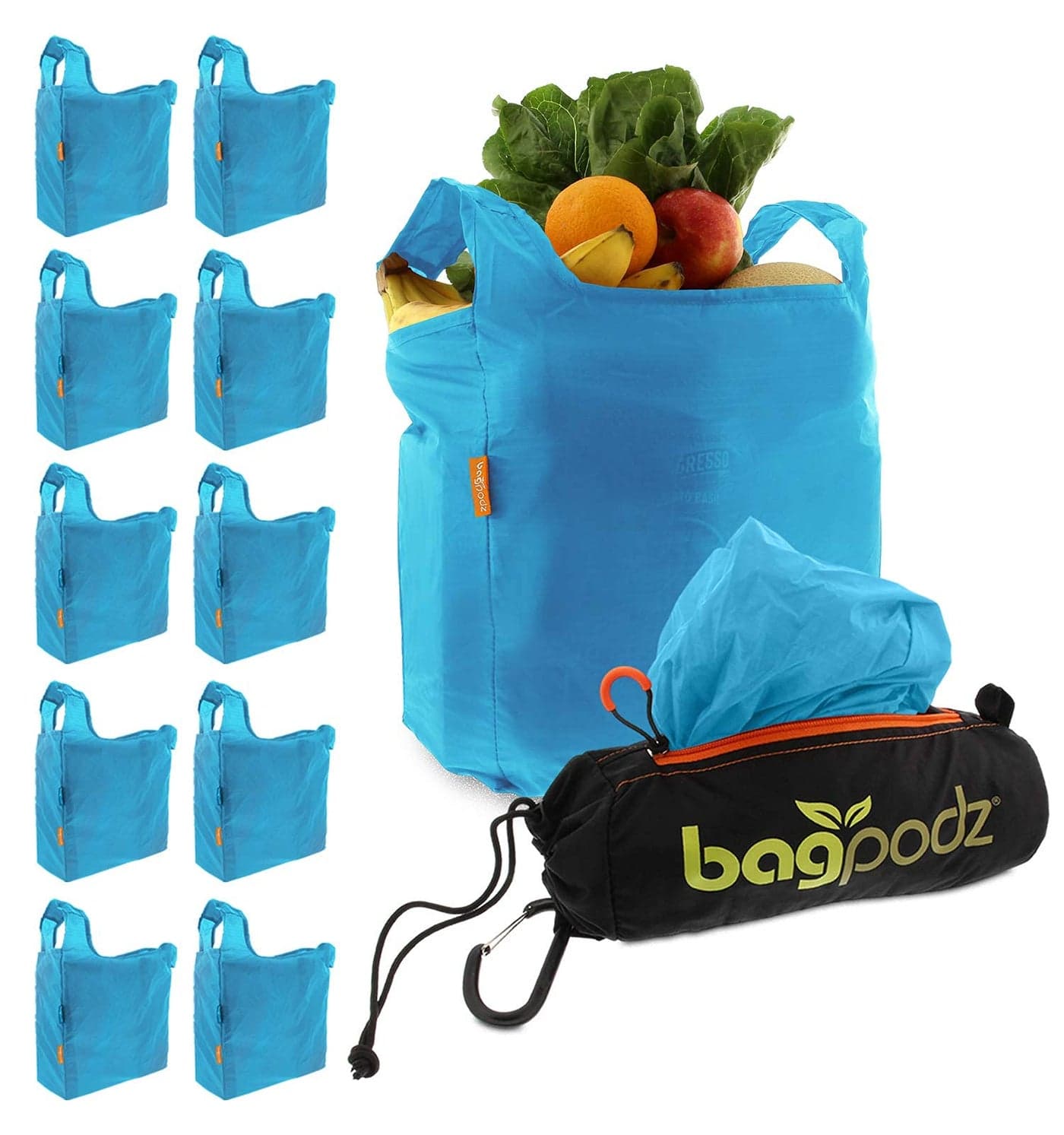 Sturdy Reusable Grocery Bags Foldable and Washable Made From RipStop Nylon Hold 50lbs Designed in USA Reusable Shopping Bags Inside a Compact Pod with Carry Clip 10 Pack in Blue