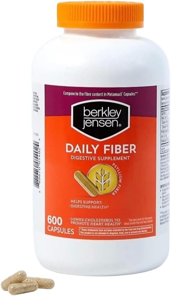 Berkley Jensen Daily Psyllium Husk Supplement 600 Count Natural Fiber for Men Women Fiber Capsules for Overall Digestive Health Easing Constipation Aiding Nutrient Absorption Made in USA
