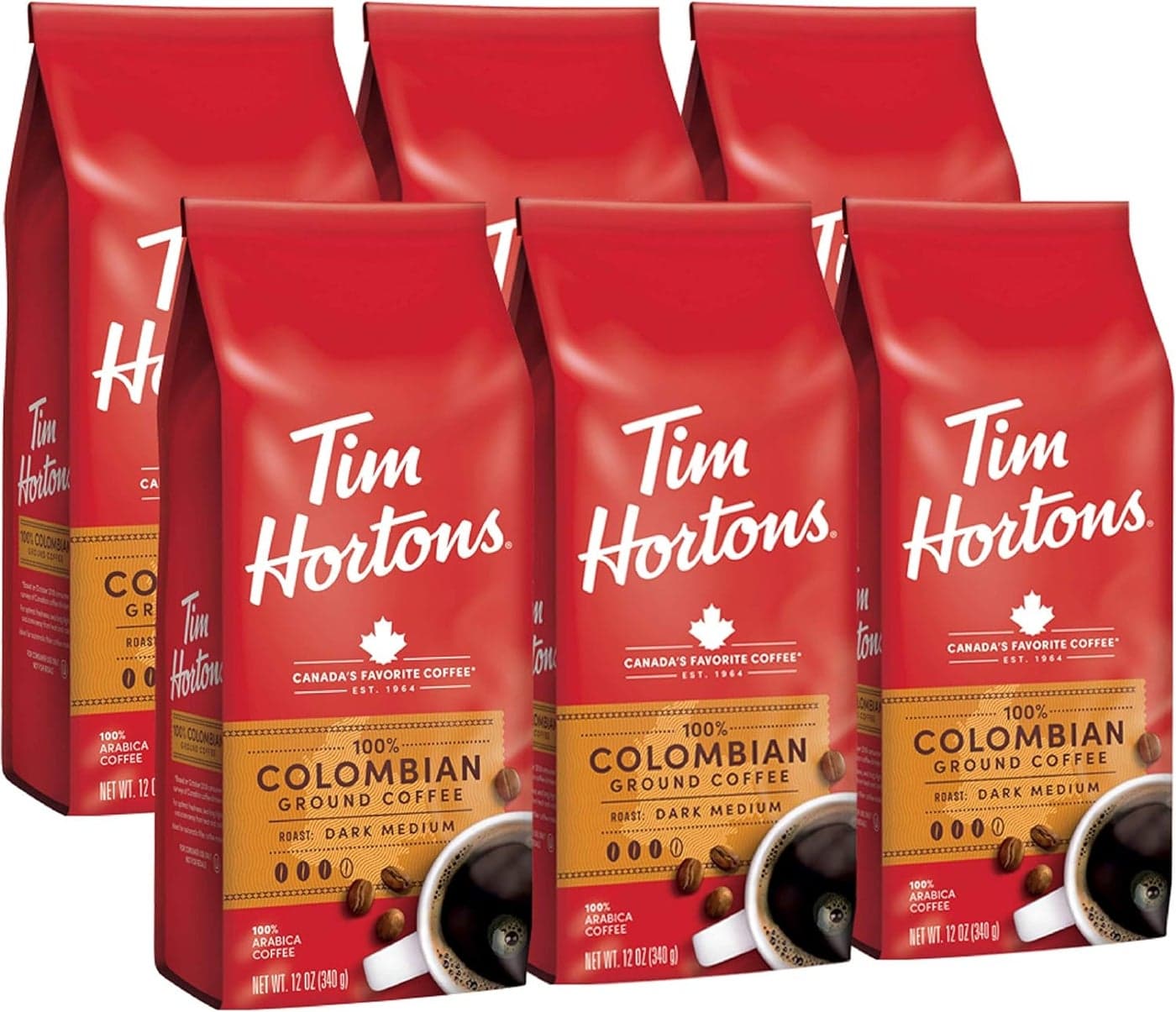Tim Hortons Colombian Medium-Dark Roast Ground Coffee, 100% Arabica Beans, 12 Ounce (Pack of 6)