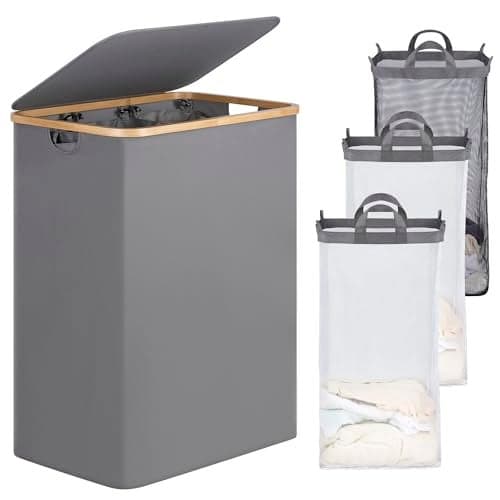 efluky Laundry Hamper with Lid, Trio Laundry Basket with 2 Removable Bags, 3 Section Laundry Bin with Bamboo Handles for Bathroom, Bedroom & Laundry Room, 160L (42.3 Gallon) Silver Grey