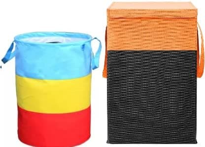 WhiteKrafts Laundry Bag 45 L Durable and Collapsible Laundry storage Bag Foldable 68 L Laundry Basket With Lid and Side Handles Combo Pack of 2 Pc Laundry Bins Orange Multi