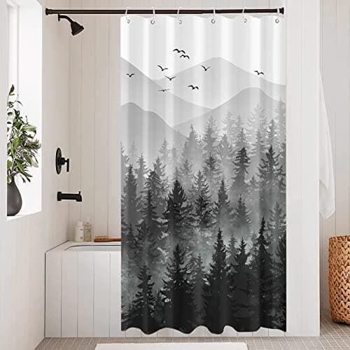 Stall Small Black and White Misty Forest Shower Curtain Ombre Gray Grey Mountain Pine Tree Waterproof Fabric Shower Curtains for Bathroom Nature Woodland Decorative Bath Curtain Decor 36×72 Inches