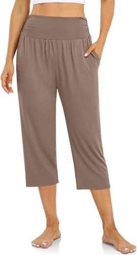 UEU Women's Plus Size Capri Casual Loose Fit Yoga Pants Comfy Lounge Capris with Pockets(Mocha,2XL)
