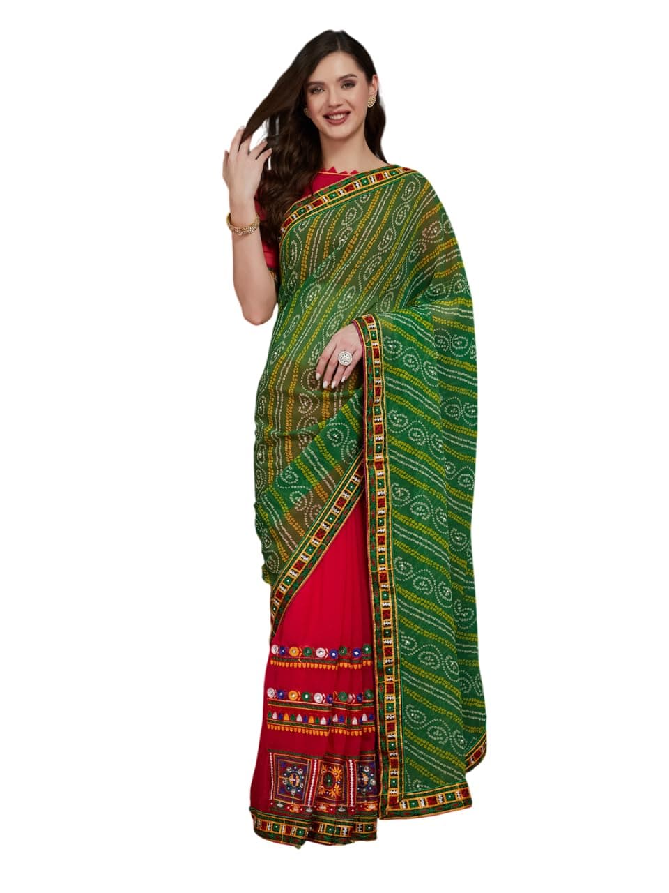 arriva fab Women's Half And Half Bandhani Pallu Green And Pink Color Saree (Arriva208)