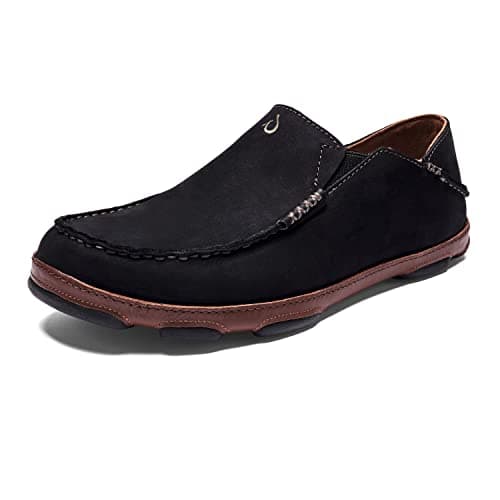 OLUKAI Moloa Men's Premium Leather Shoes, Easy Slip On & Off Design, Casual & Versatile Loafer, Drop-in Heel & Enhanced Traction, Black/Toffee, 12