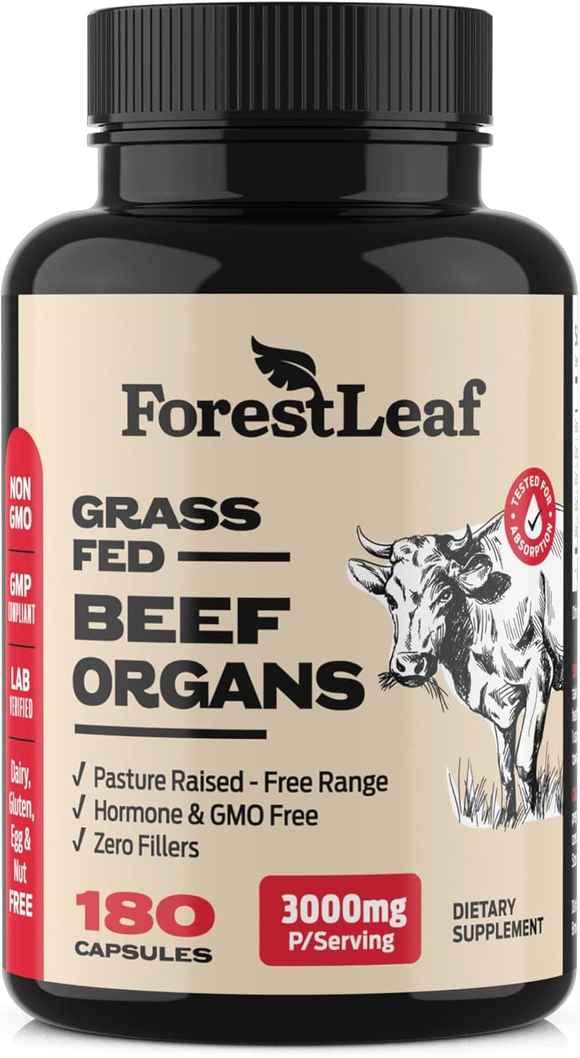 ForestLeaf Beef Organ Supplement Grass Fed Pasture Raised Total Body Wellness Performance Organ Complex with 3000mg of Desiccated Beef Liver Heart Kidney Pancreas Spleen 180 Capsules