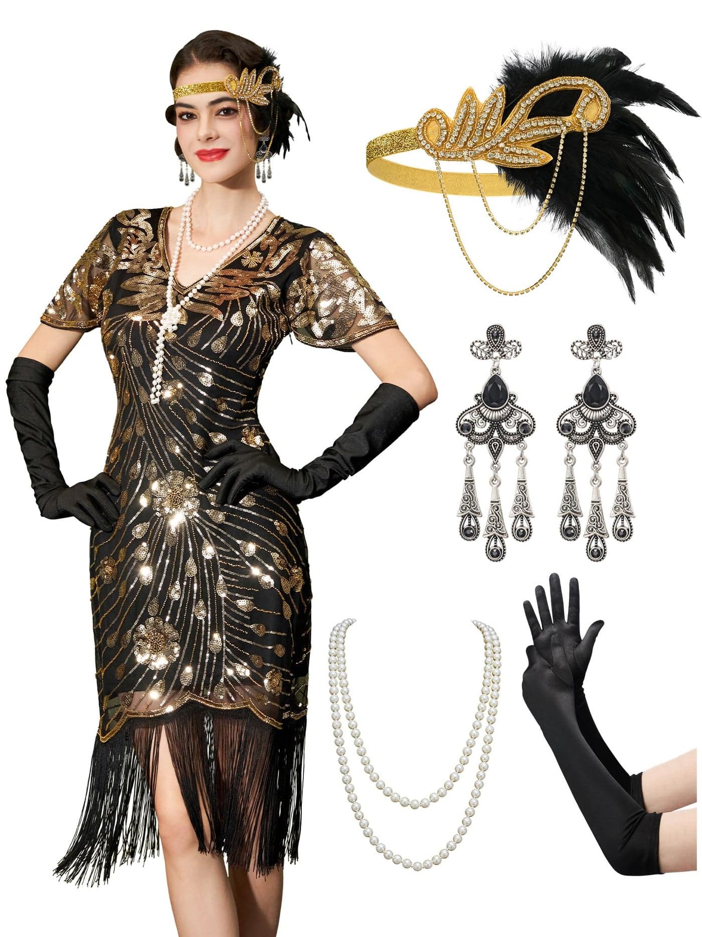YESSA Flapper Dresses 1920s Dress for Women,Great Gatsby Dresses for Women Roaring 20s Dress with Sleeve for Harlem Nights-1920s Costumes,Black Gold,Large