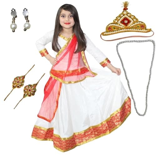 Kaku Fancy Dresses Cream Radha Costume for Girls | Elegant Lehenga Choli with Dupatta | Janmashtami Fancy Dress for Kids - 7-8 Years