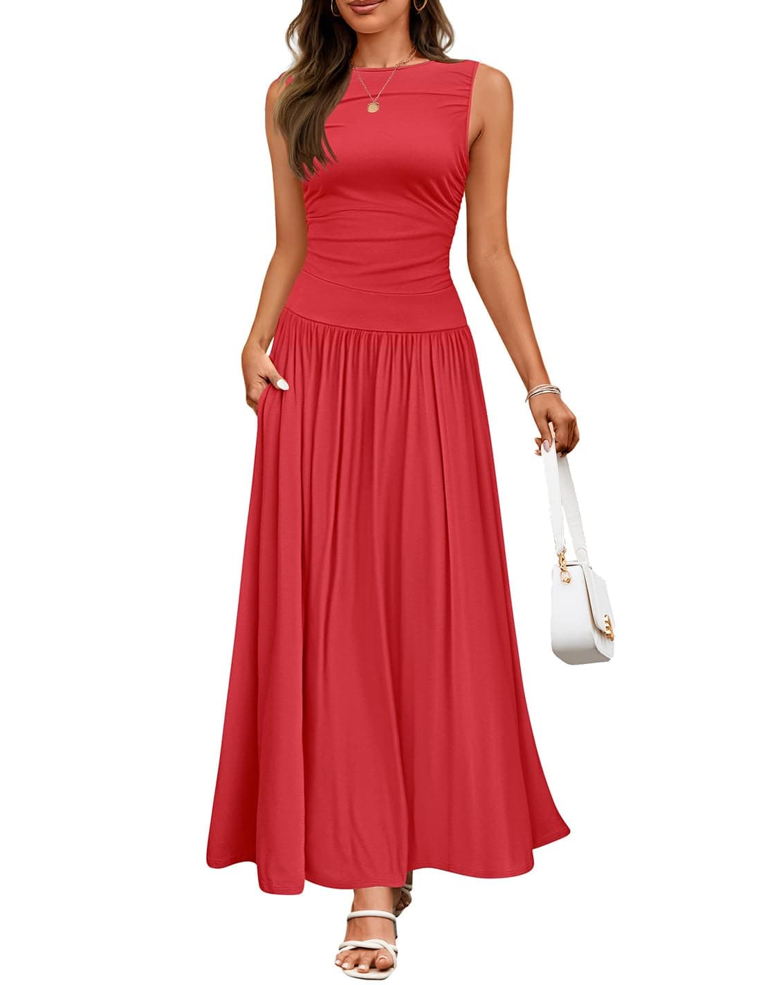 ZESICA Women's Summer Sleeveless Maxi Dress 2025 Casual Crewneck Pleated Flowy Long Dress with Pockets,Red,M