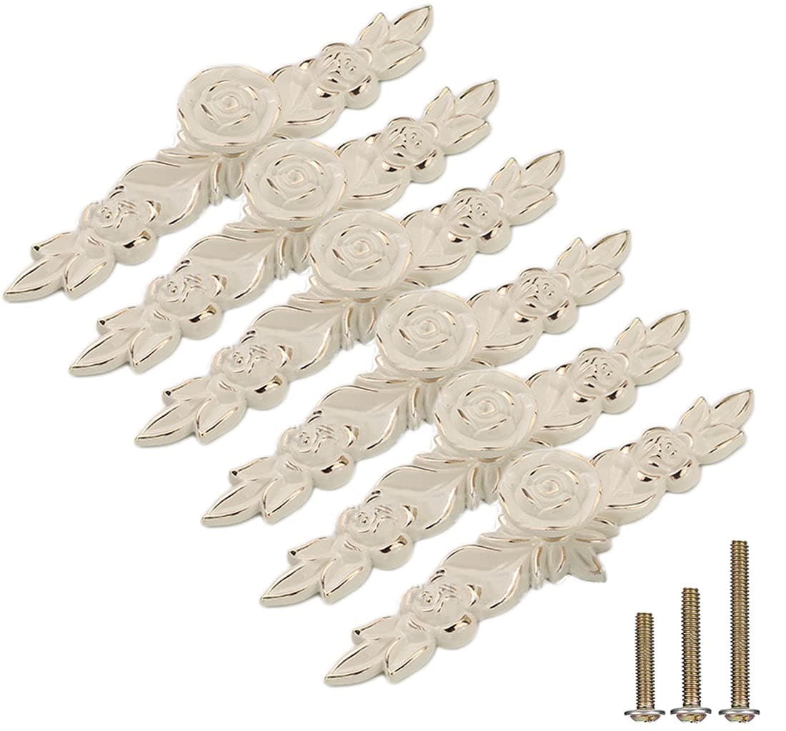 ESreake 6 Pack European Style Rose Cabinet Knobs with Backplate, 6.6" Vintage Kitchen Zinc Alloy Flower Drawer Pulls for Dresser Vanity Nightstand Cupboard Ivory White & Gold Edge(6 Pack, 6.6")