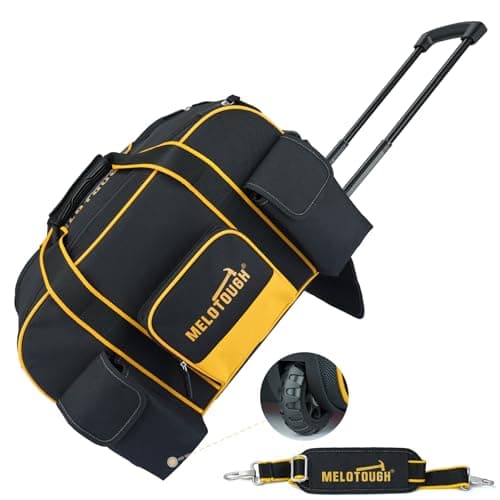 MELOTOUGH Rolling Tool Bag with Wheels, Heavy Duty Tool Bag Organizer with Concealed Telescoping Handle, Large Capacity, Multiple Pockets for Electrician, HVAC, Construction, Carpenter (Yellow)