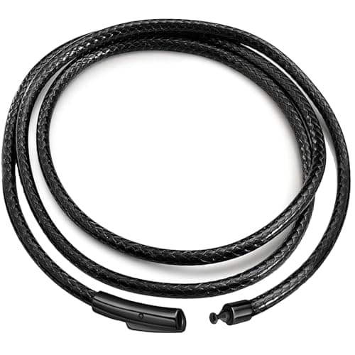 IOYYIO Waterproof Braided Leather Chain Necklace Cord with Stainless Steel clasp, Black Leather Rope Chain for pendant (Gift Box)