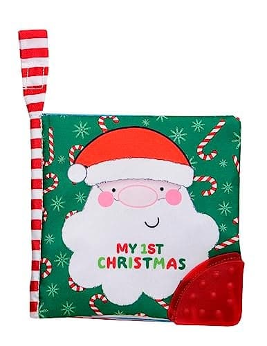 My First Christmas Soft, Crinkle Activity Book with Silicone Teether and Travel Strap, Santa, Green (5 1/2 inch Square)
